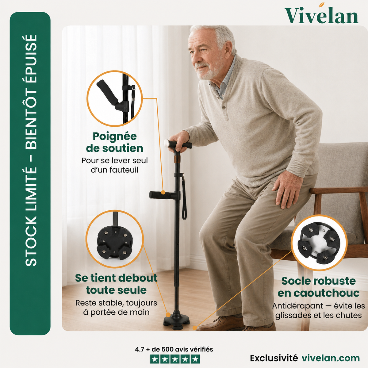 La canne d'appui Vivélan